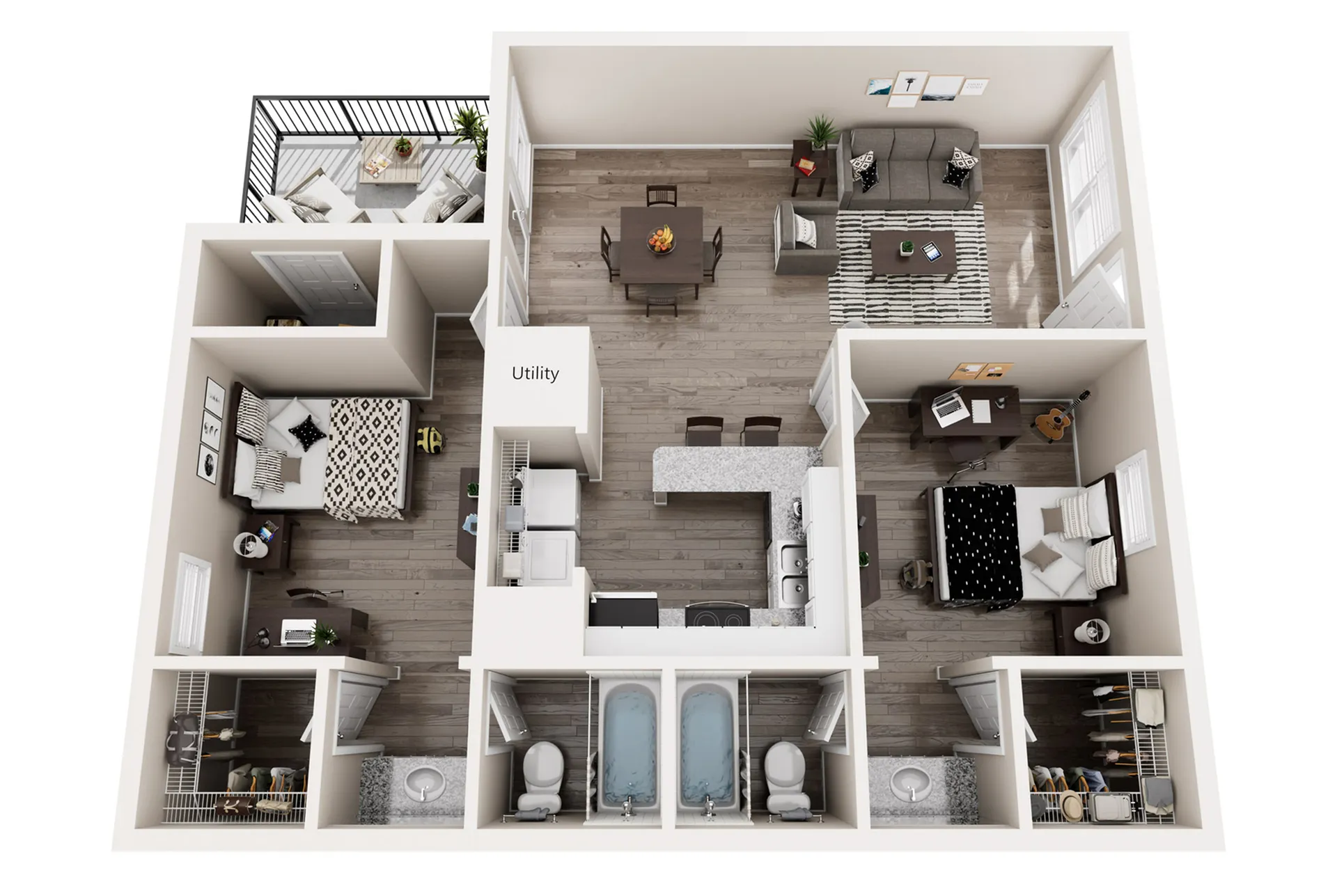 Elegant 3D apartment floor plan showcasing 2 spacious bedrooms, a modern open-concept living and dining area, and a stylish kitchen with an island. Includes two bathrooms and a cozy balcony, ideal for relaxing.