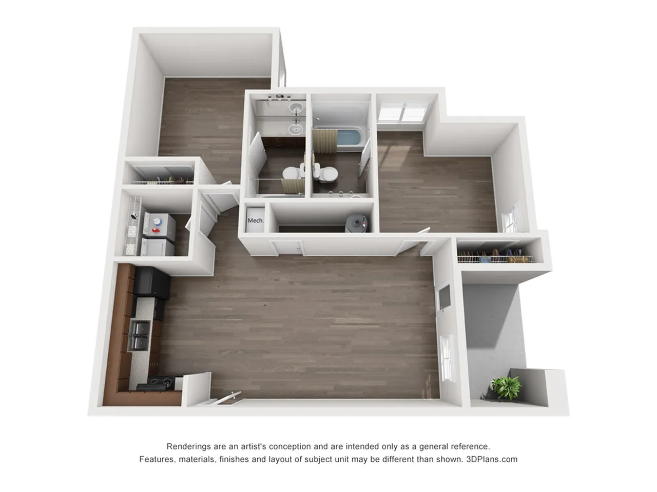 Modern 3D floor plan featuring a spacious one-bedroom layout with an open-concept living area, stylish kitchen, and full bathroom, perfect for contemporary living.