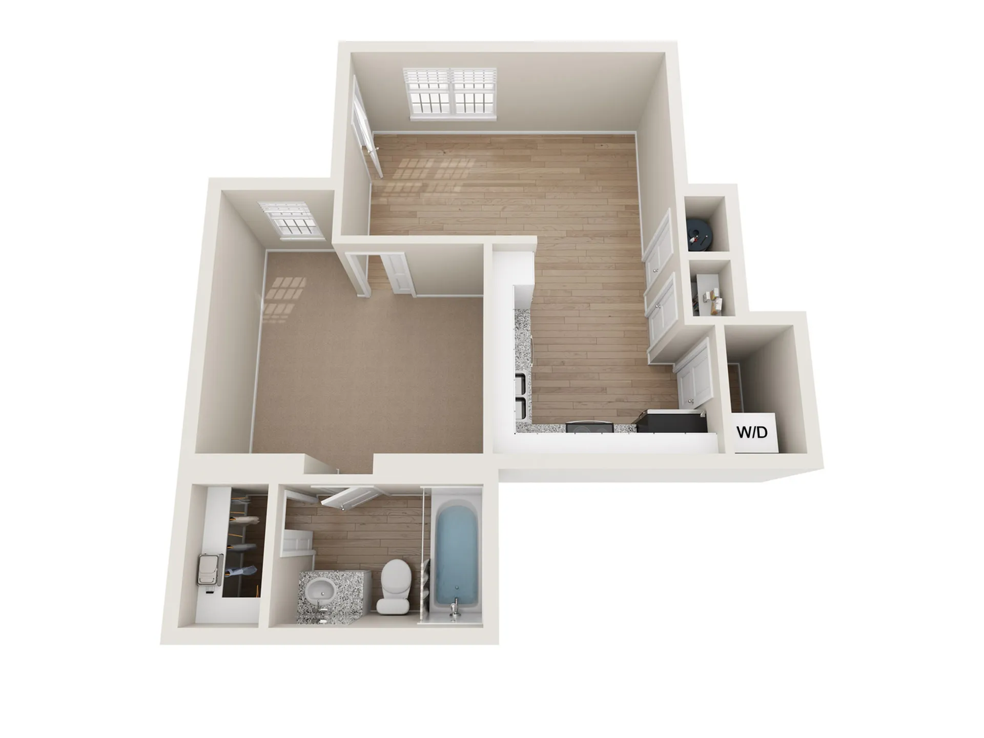 Sleek 3D floor plan showcasing a modern 1-bedroom apartment with an open kitchen, living area, and stylish bathroom, complete with in-unit washer/dryer.