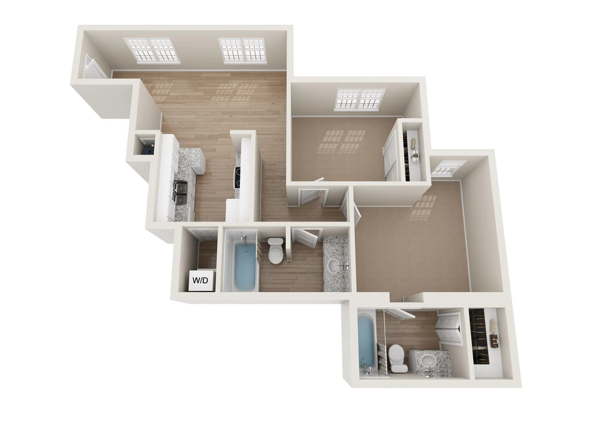 Chic 3D floor plan showcasing a modern 2-bedroom apartment with an open kitchen, spacious living area, and two luxurious bathrooms.