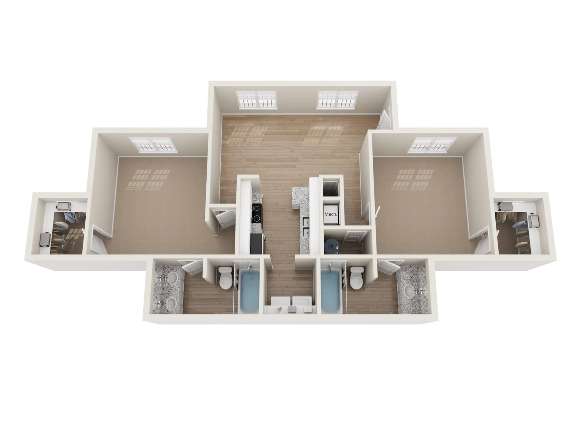 Bright 3D floor plan showcasing 2 spacious bedrooms, a sleek open kitchen, and elegant bathrooms, perfect for modern living.