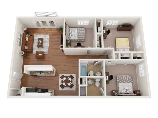 Modern 3-bedroom apartment floor plan with open living area, stylish kitchen, and two elegant bathrooms.