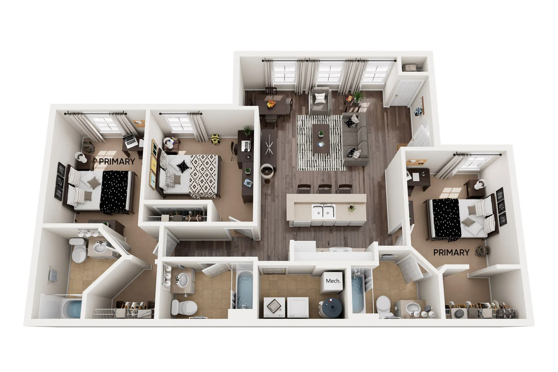 Modern 3D floor plan showcasing two spacious bedrooms labeled 'Primary', open living and dining areas, sleek kitchen with island, and two well-appointed bathrooms.