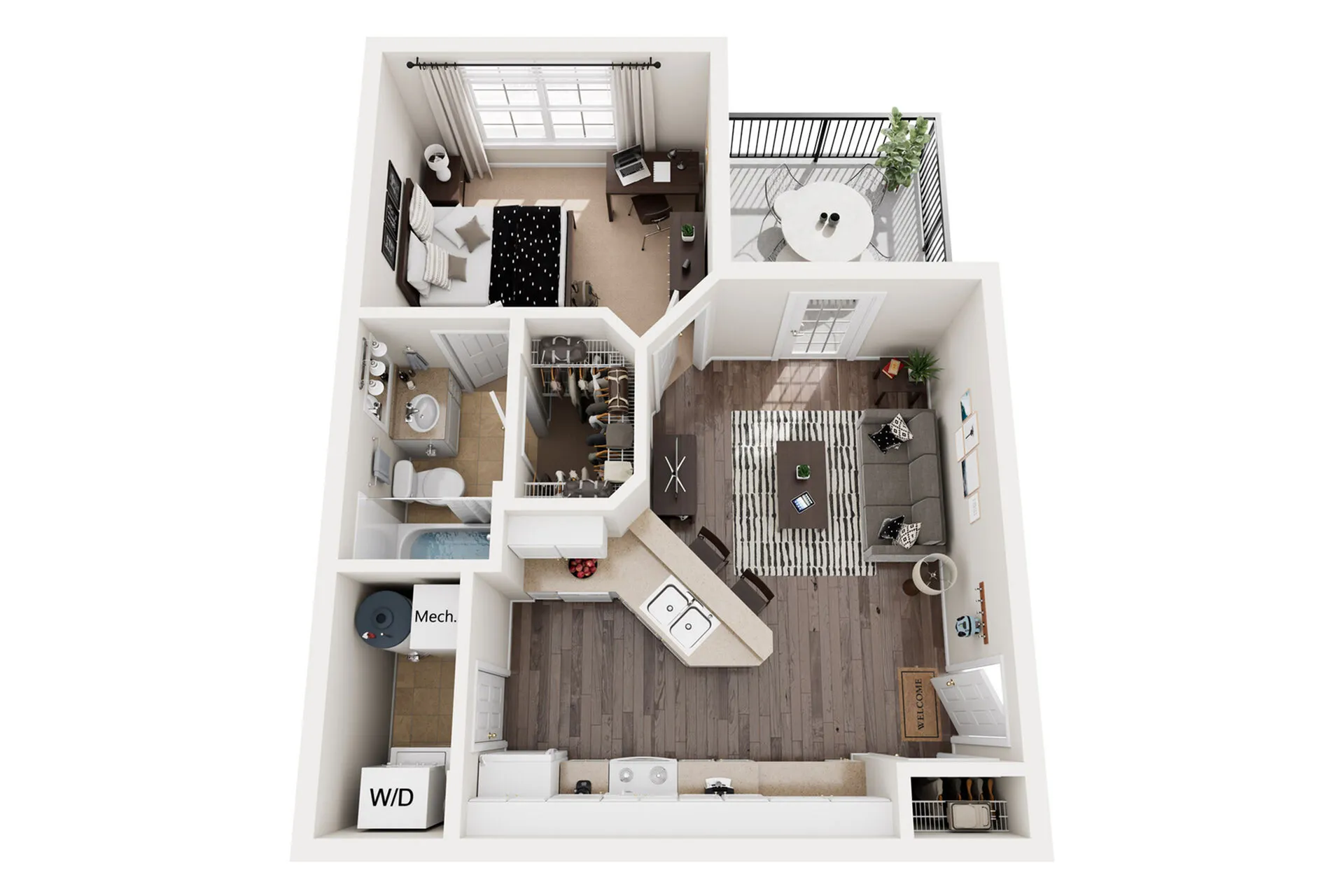 Chic apartment floor plan featuring a cozy bedroom, modern kitchen with island, inviting living area, and spacious balcony.