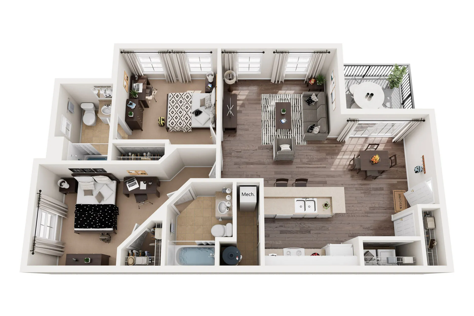 Contemporary 3D floor plan showcasing a bright open-concept living room, two cozy bedrooms, and a modern kitchen with adjacent dining area. Elegant design with two bathrooms, a private balcony, and ample storage space.