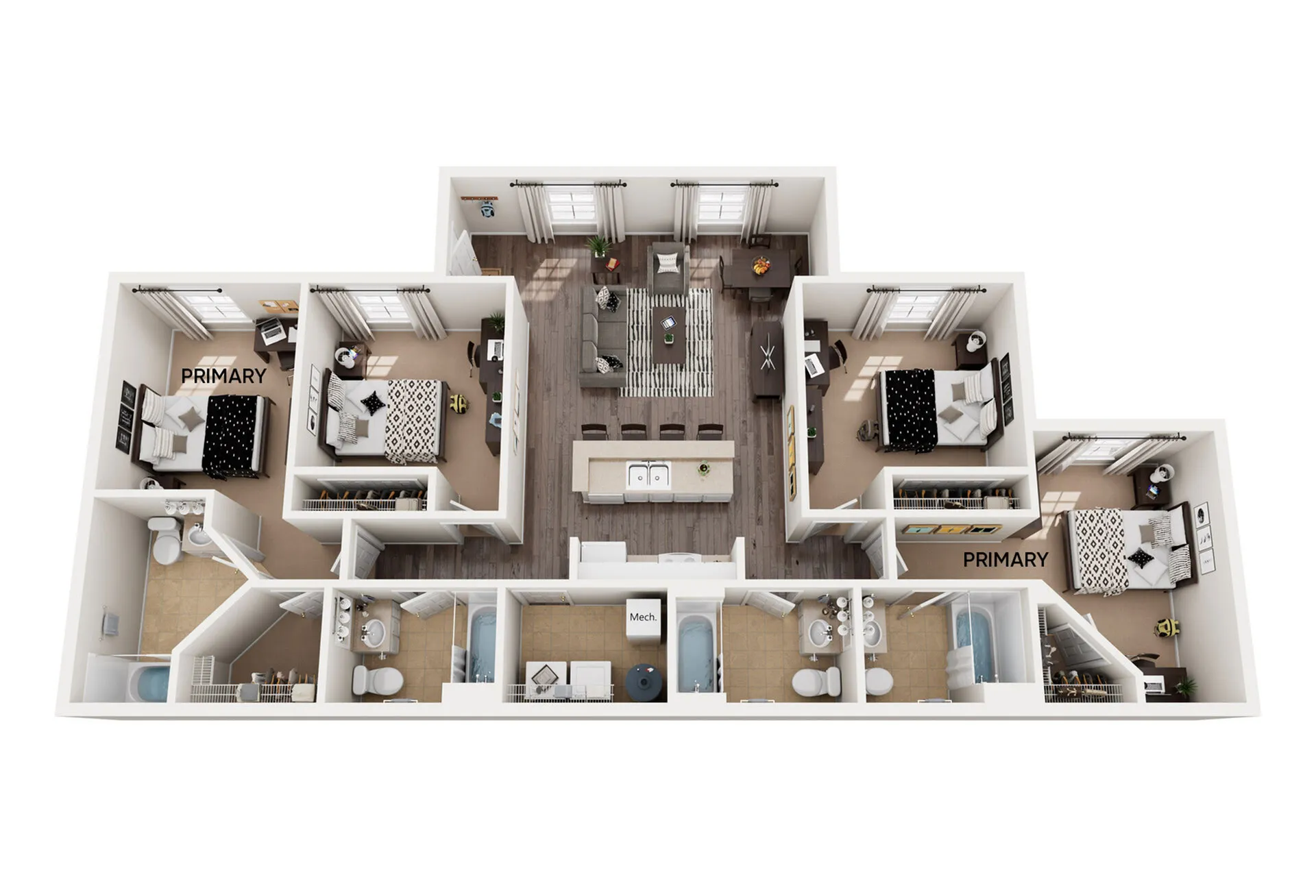 Modern 3D floor plan showcasing three spacious bedrooms, an open-concept living and dining area, and a sleek kitchen, designed for comfort and style.