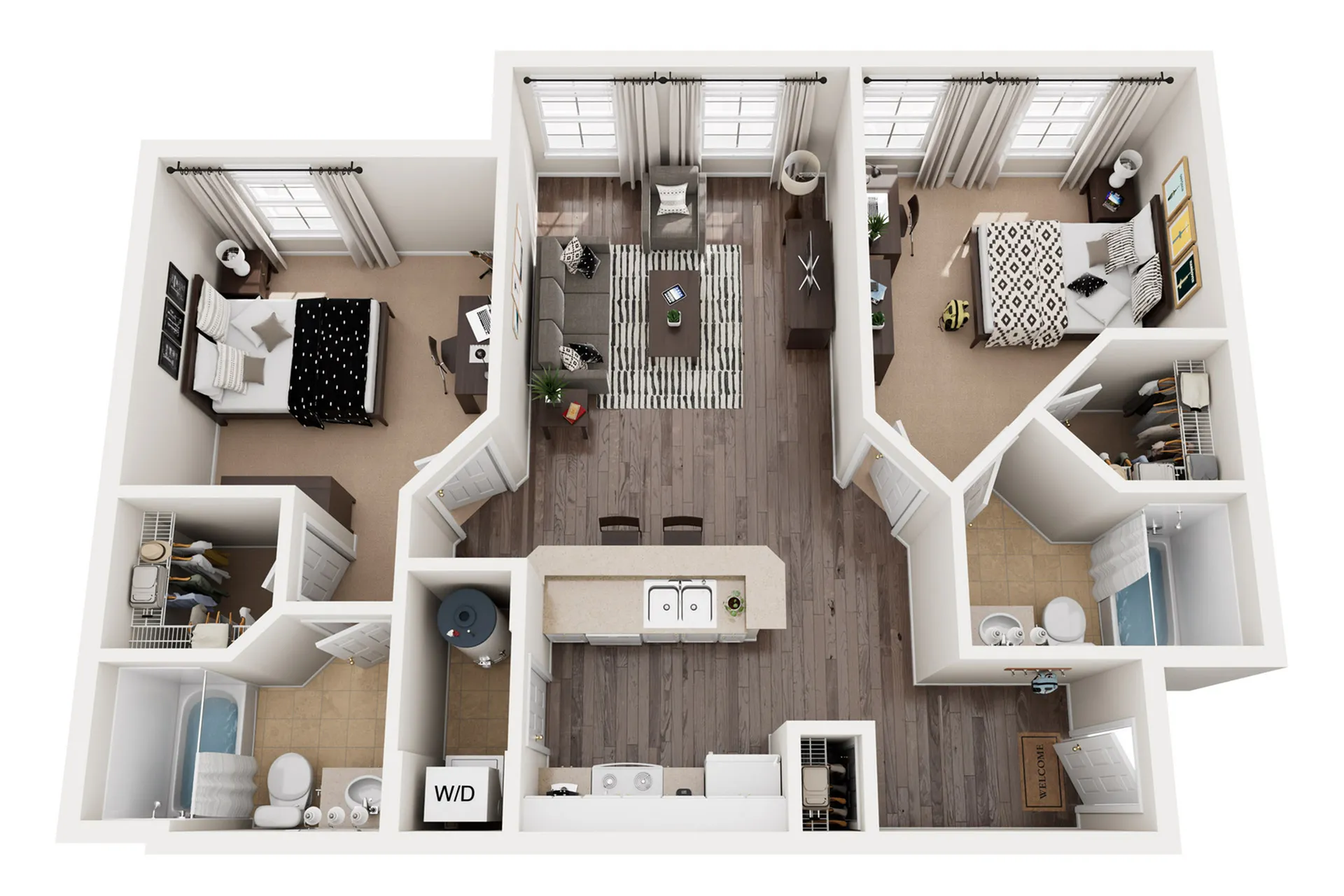 Modern 3D floor plan showcasing two bedrooms, a cozy living area, and an inviting kitchen with a breakfast bar. Includes two bathrooms and convenient in-unit laundry.