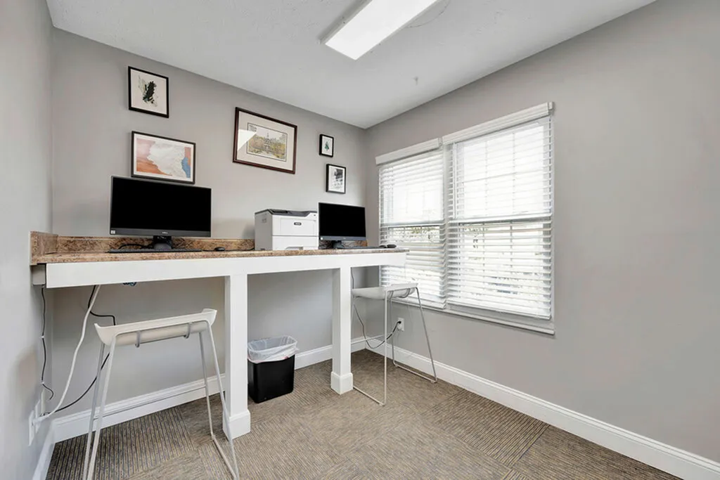 Bright home office featuring dual monitors, printer, and modern decor with ample natural light from large windows.