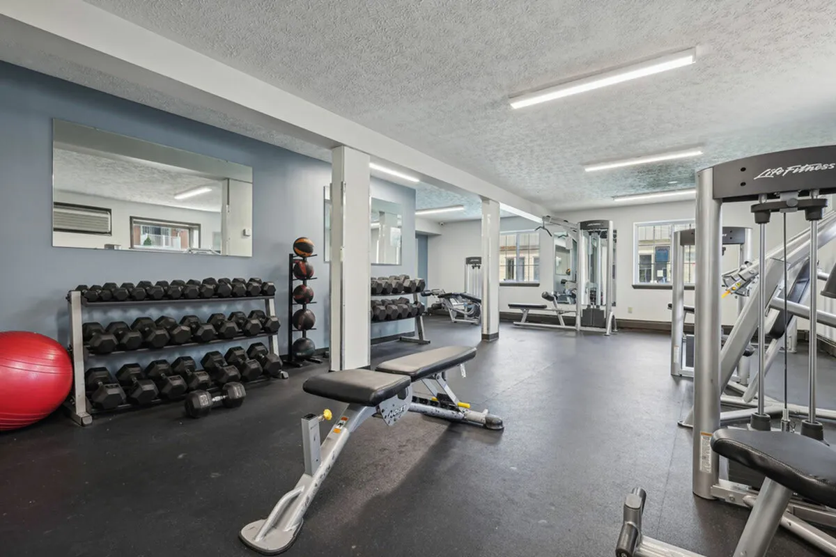 Modern fitness center with state-of-the-art equipment, including weight racks, benches, and exercise balls, offering a bright and spacious workout environment.