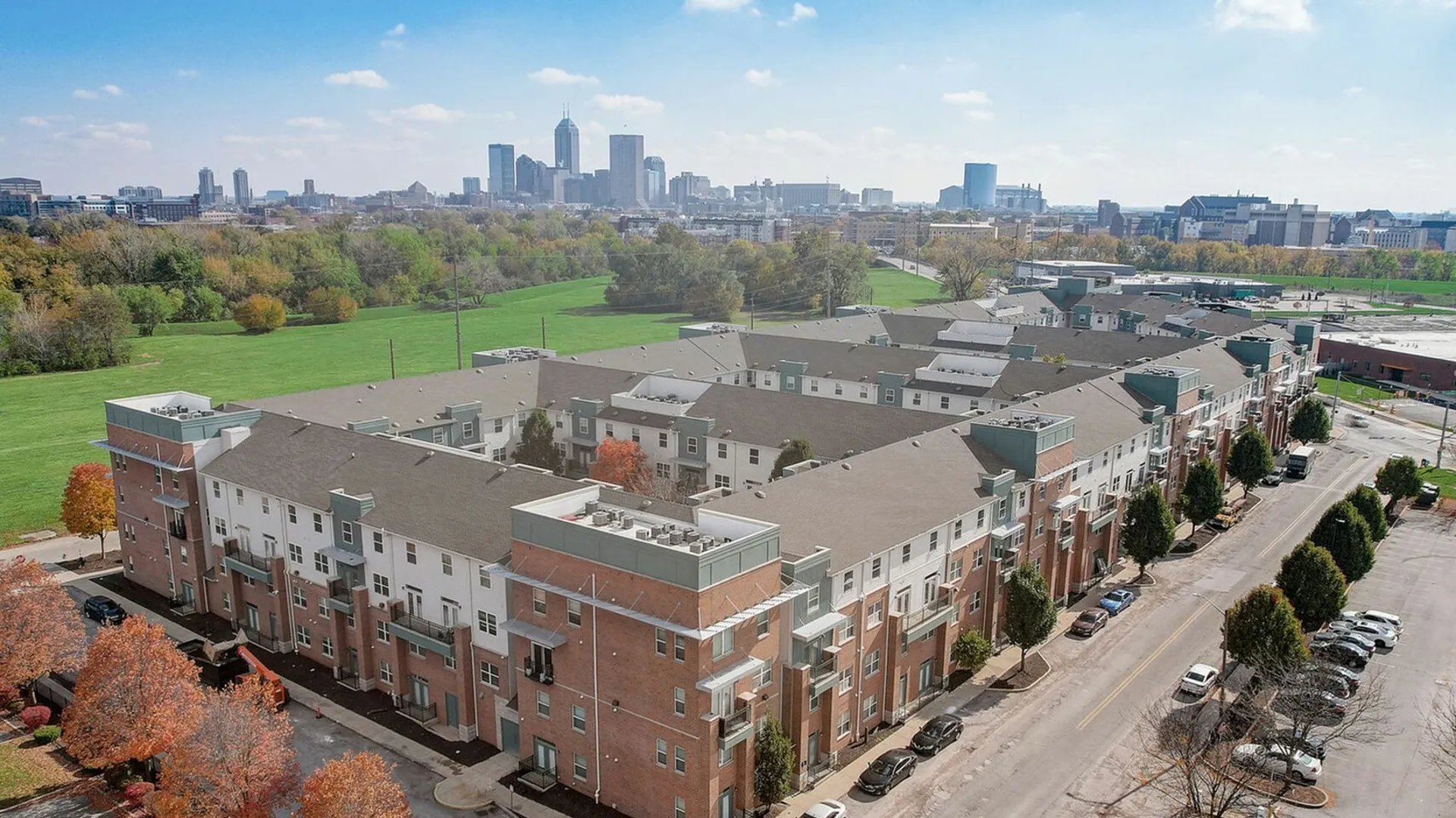 Drone photo of Ralston Apartments and skyline