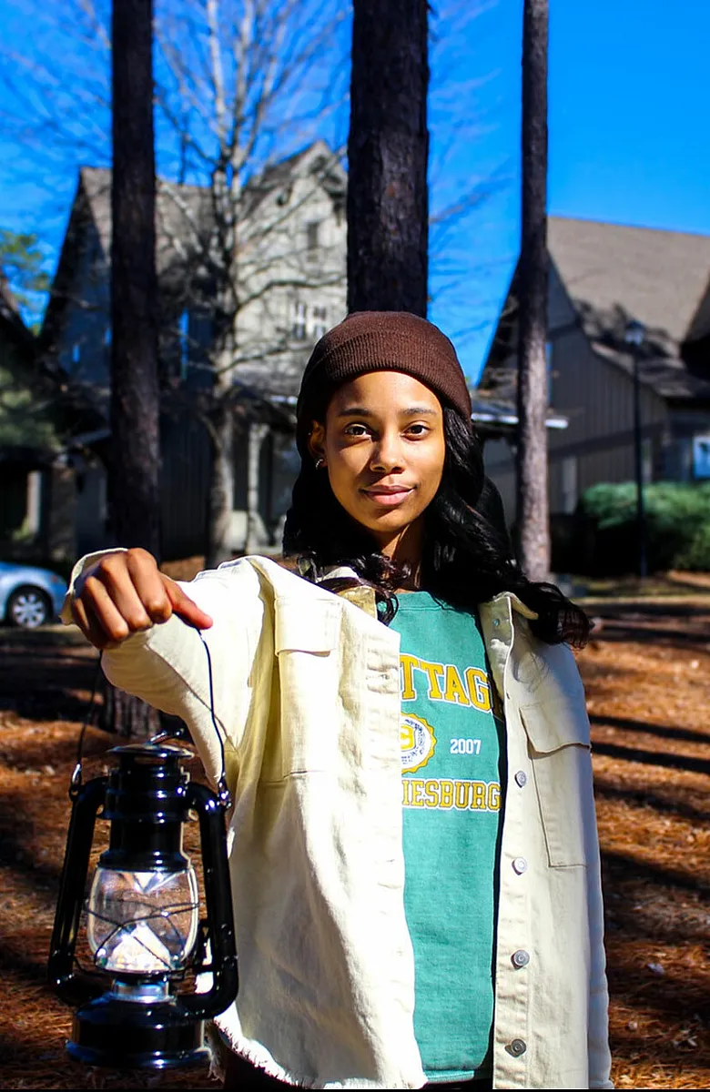 Charming residential neighborhood with beautiful homes surrounded by tall trees, featuring a person holding a lantern, creating a warm, inviting atmosphere.