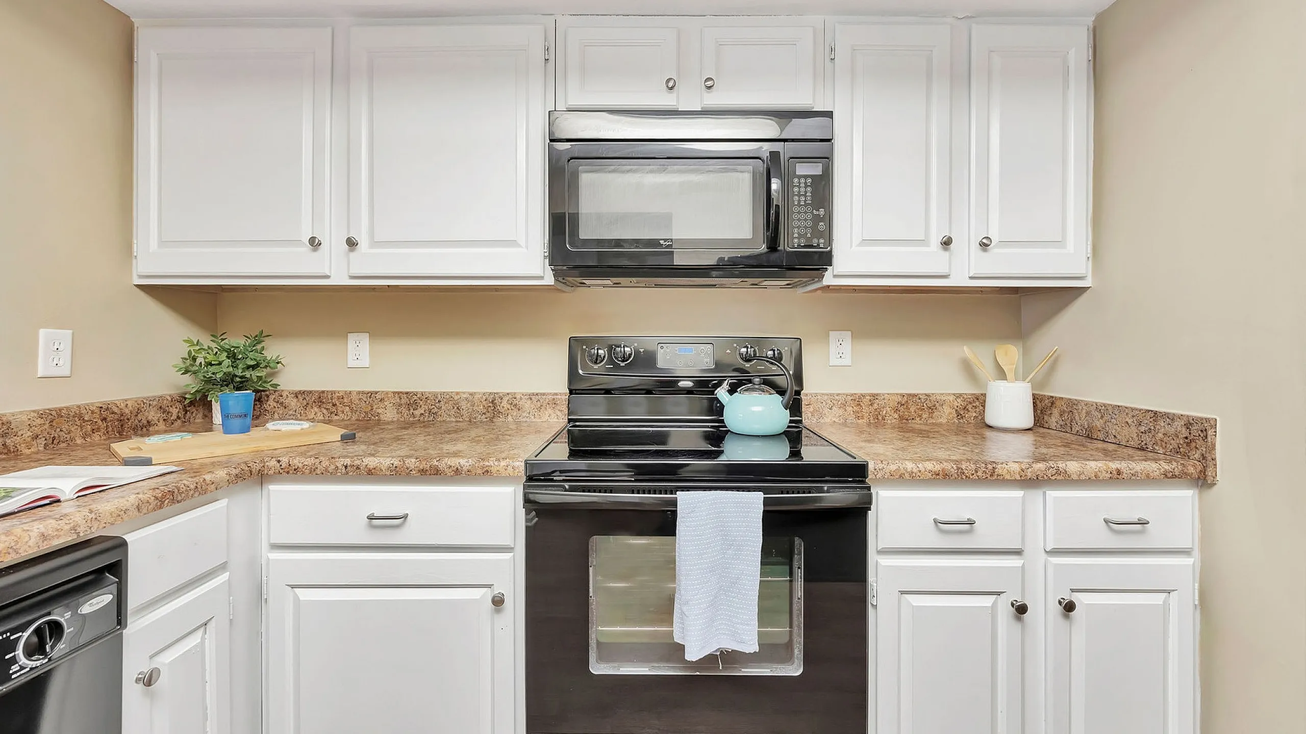 Modern kitchen with elegant white cabinetry, sleek black appliances, and a stylish countertop, perfect for culinary creativity.