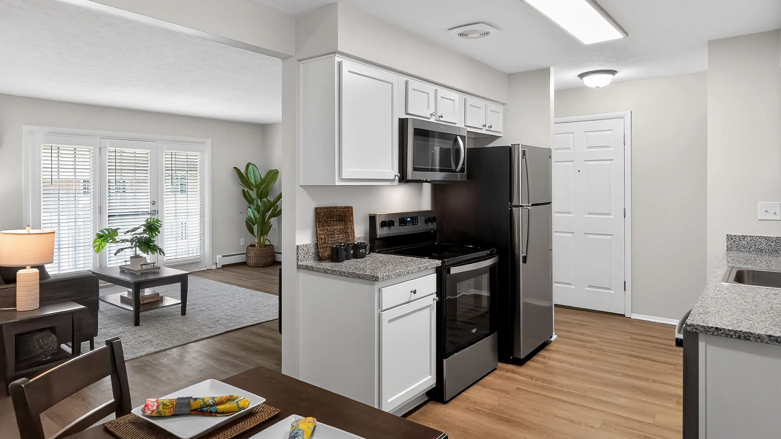 Modern open-concept kitchen with stainless steel appliances, granite countertops, and a seamless transition to a cozy living room with abundant natural light.