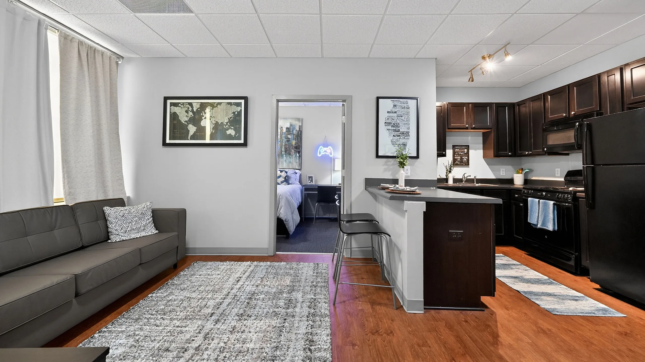 Modern apartment interior featuring an open-concept living area, sleek dark kitchen cabinets, and cozy bedroom entrance.