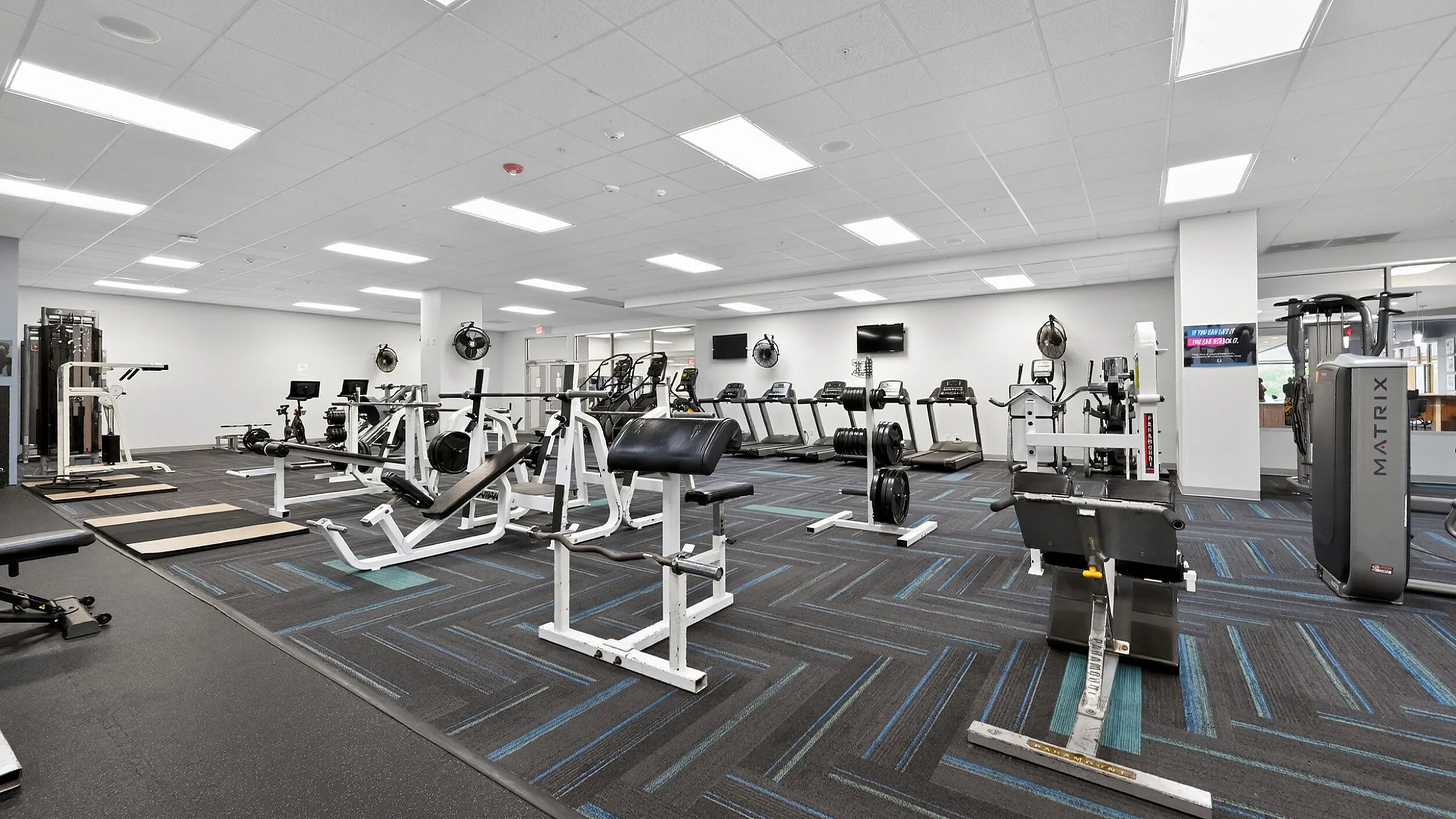 Modern fitness center with state-of-the-art gym equipment and spacious layout, ideal for a complete workout experience.