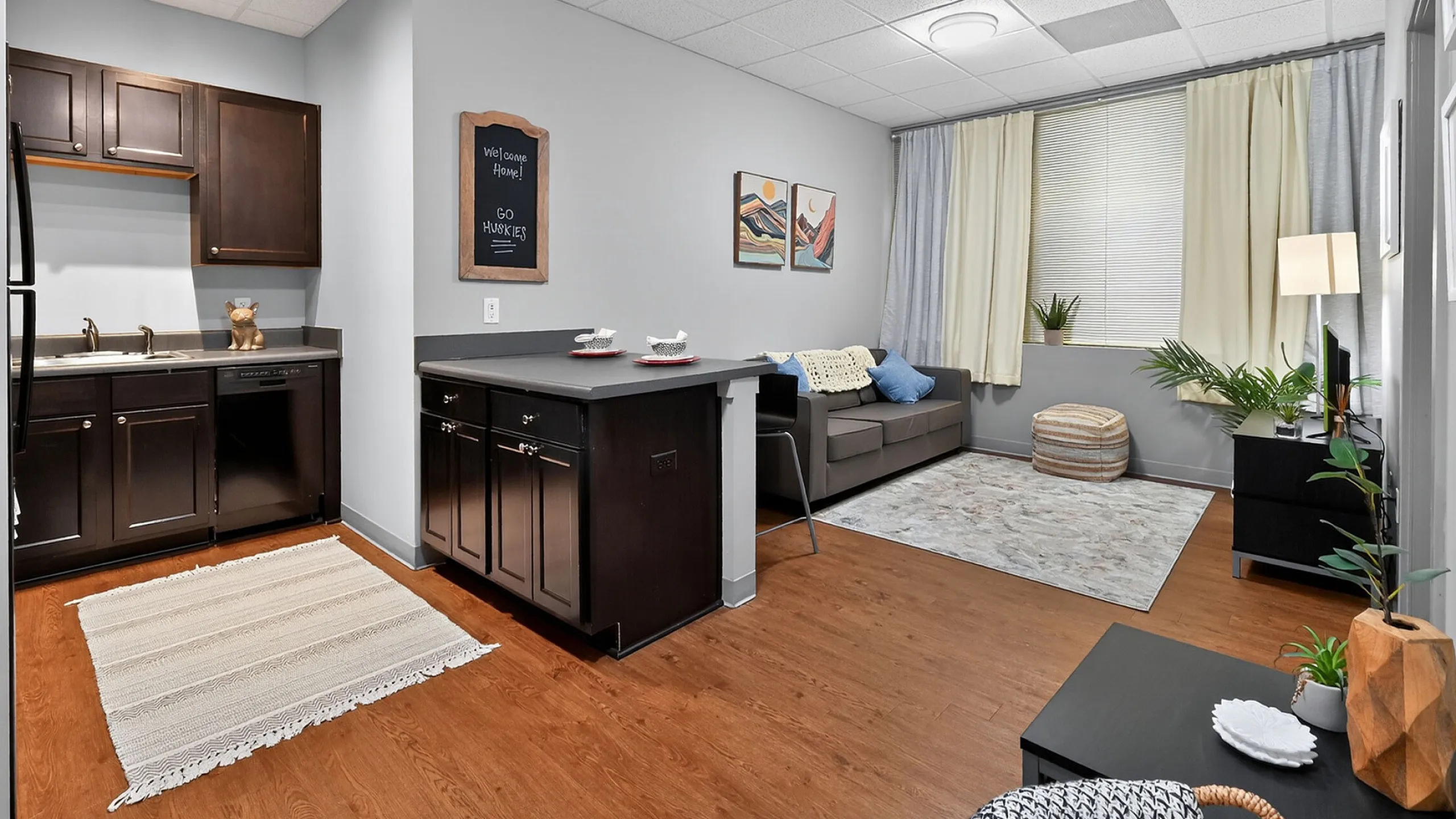 Inviting apartment interior showcasing an open kitchen with dark wood cabinets, cozy living space with modern decor and natural light, and chic laminate flooring.