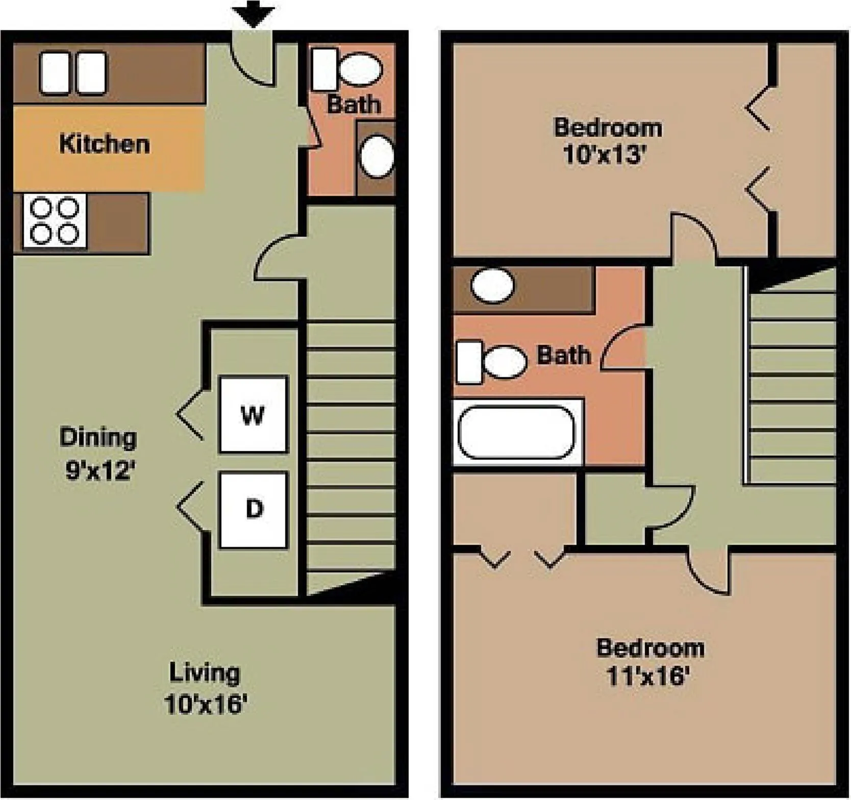 Split-level layout with 2 bedrooms and 1.5 bathrooms. First floor includes kitchen, dining room, half bath, washer/dryer, and living area. Upstairs features two bedrooms and a full bathroom.
