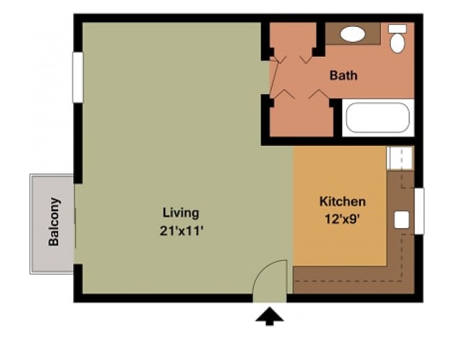 Studio floor plan at Harvard Apartments in Springfield, MO, featuring an open-concept living area, full kitchen, private bathroom, and entry closet space. Ideal for efficient, single-person living.