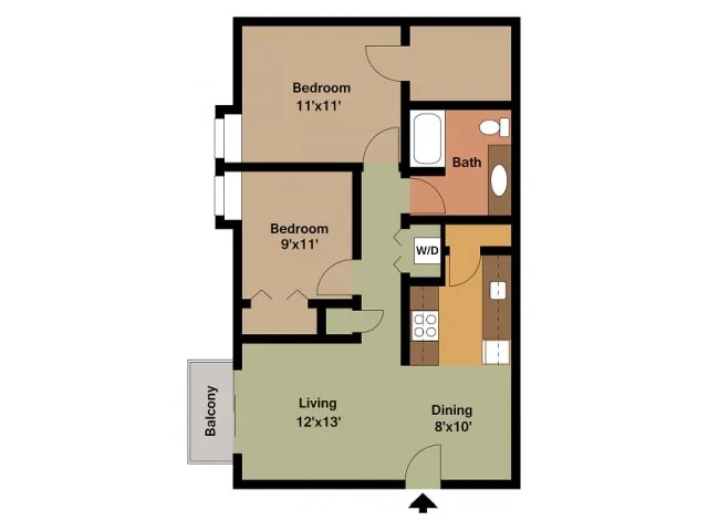 2 bedroom, 1 bathroom floor plan at Harvard Apartments in Springfield, MO. Includes a spacious living room with attached balcony, separate dining area, galley-style kitchen, full bathroom, and two bedrooms with ample closet space.