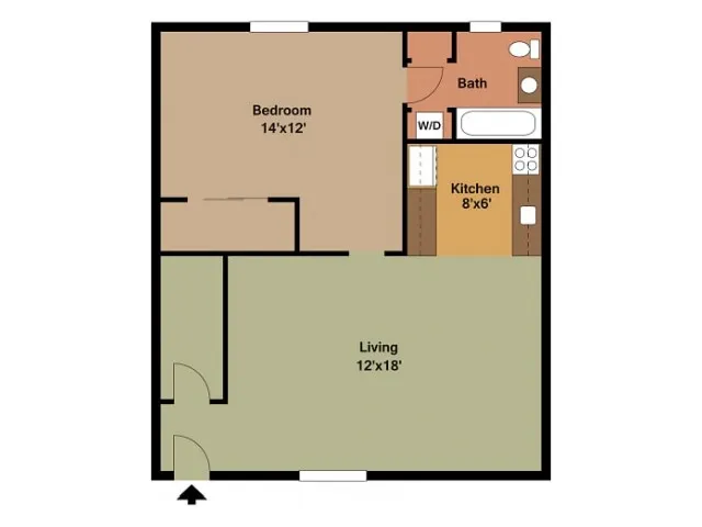 1 bedroom, 1 bathroom floor plan at Harvard Apartments in Springfield, MO. Features include a spacious living room, galley-style kitchen, full bathroom, and a large bedroom with closet space.