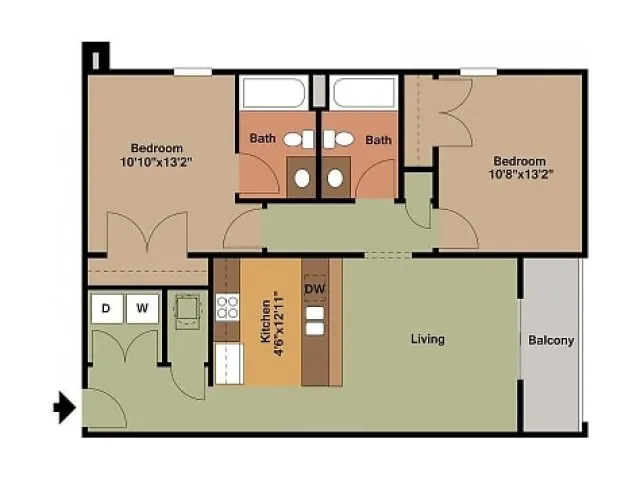 2 Bedroom, 2 Bathroom Floor Plan &ndash; Offers two large bedrooms, each with its own full bathroom, an open living and dining space, and in-unit laundry near the kitchen. Ideal for roommates or small families in Springfield, MO.