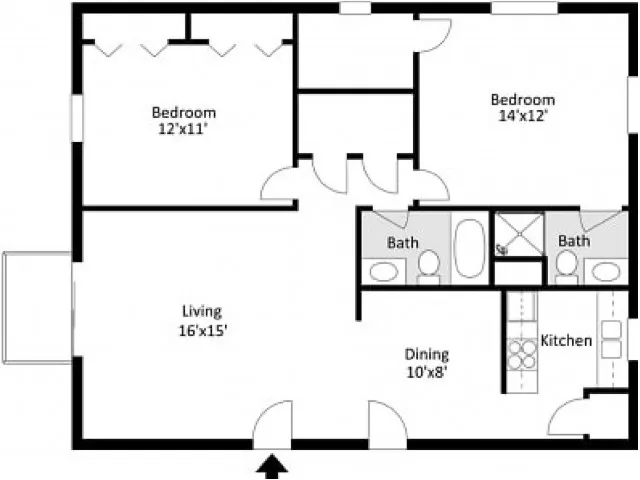 Black and white layout of a spacious 2 bed, 2 bath apartment at Southwinds Apartments in Springfield, MO. Features large bedrooms, a full kitchen, a dedicated dining area, and a roomy living room with double door access.