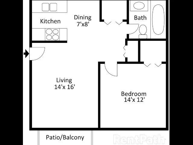 2D floor plan of a one-bedroom, one-bath apartment showing an entry door into a 14&prime;&times;16&prime; living room that opens onto a patio/balcony on the left; a kitchen with stove, sink, and refrigerator at the top left beside a 7&prime;&times;8&prime; dining area; a full bathroom with tub/shower at the top right; and a 14&prime;&times;12&prime; bedroom at the bottom right.