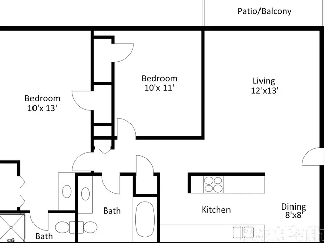 2D floor plan of a two-bedroom, two-bathroom apartment showing an entry into a combined living area and kitchen with cabinets and appliances on one wall; a hallway off the living space leading to two separate bedrooms&mdash;one at the top left, one at the top right&mdash;each with a closet; two full bathrooms adjacent to the bedrooms; and a patio/balcony accessed from the living room.