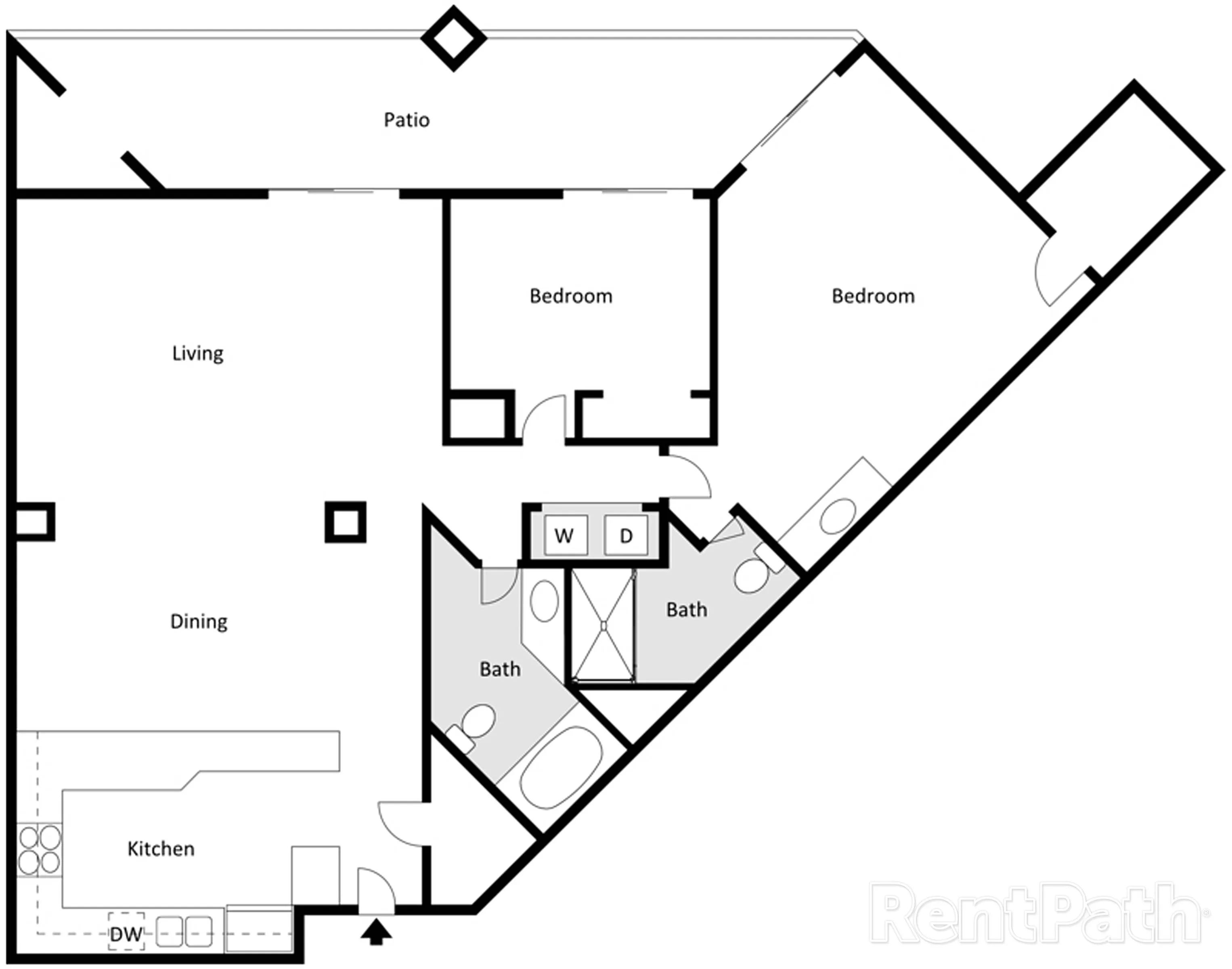 Floor plan of a two-bedroom apartment with angled layout. Includes living, dining areas, kitchen, two bathrooms, and a patio. Clean lines, functional design.