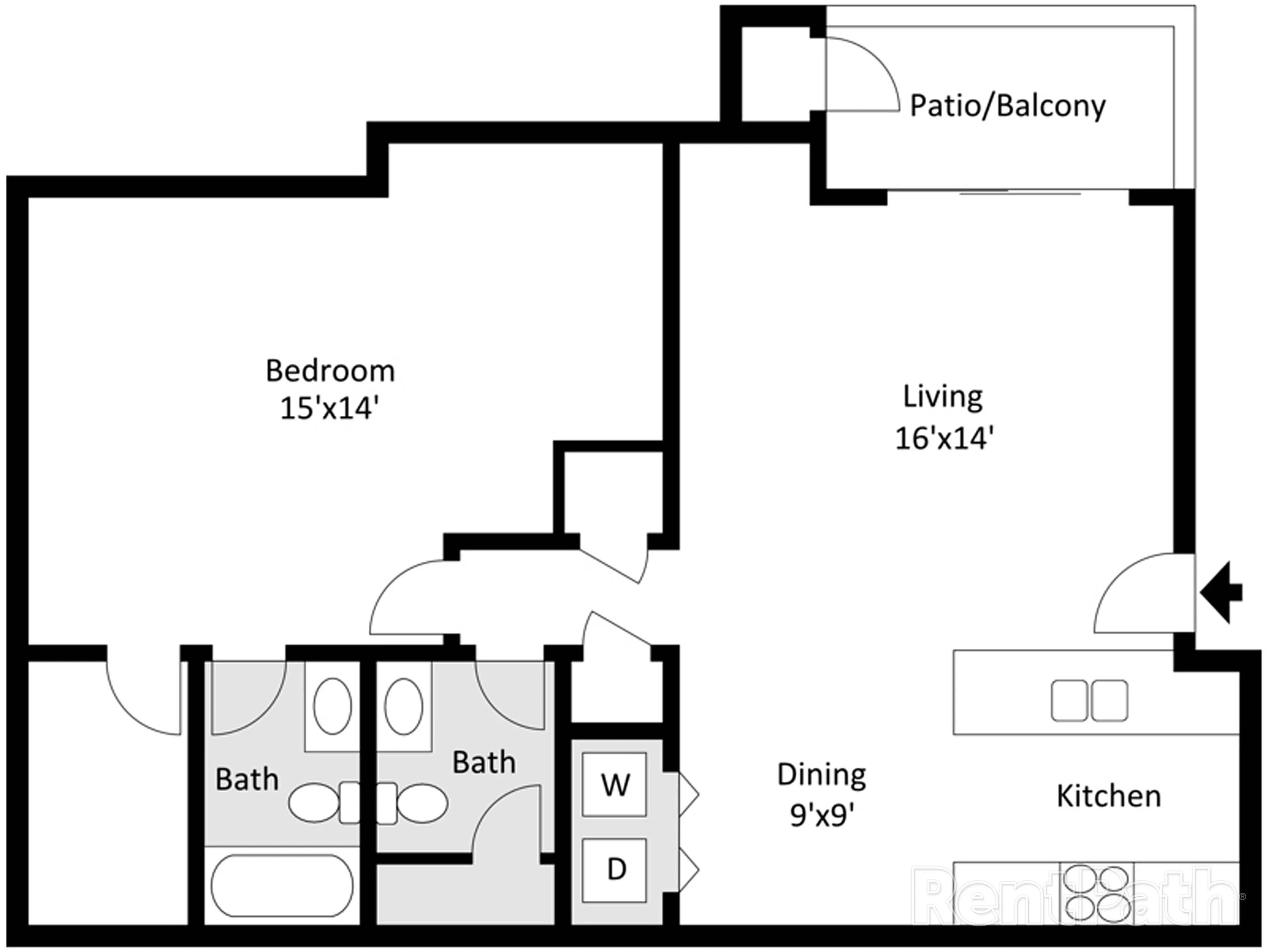 One-bedroom, one-and-a-half-bath floor plan at Willow Creek Apartments in Springfield, MO. Features a spacious bedroom with ensuite bath, open living and dining area, guest half bath, washer and dryer hookups, and private patio or balcony.