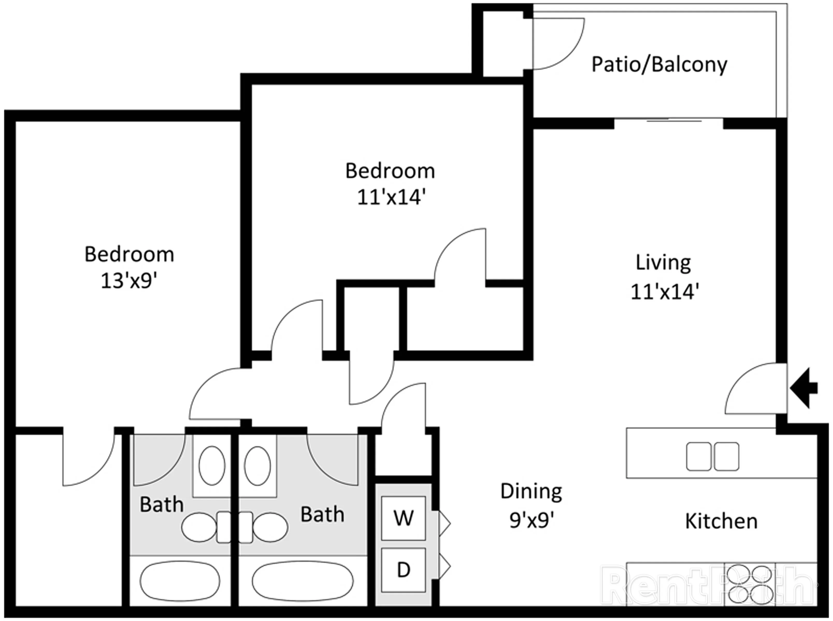 Two-bedroom, two-bath floor plan at Willow Creek Apartments offering a split layout with private bathrooms for each bedroom, large living and dining space, kitchen with breakfast bar, in-unit laundry hookups, and private patio or balcony access.