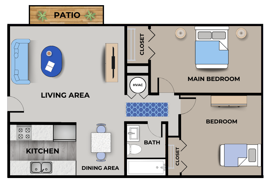 Floor plan of a two-bedroom, one-bath apartment at English Village in Springfield, Missouri, showing a living area with patio access on the left, an adjacent dining area and kitchen with full-size appliances below, a full bathroom off the central hallway, a main bedroom with closet at upper right, a second bedroom below it, and a stacked washer/dryer closet near the bathroom.