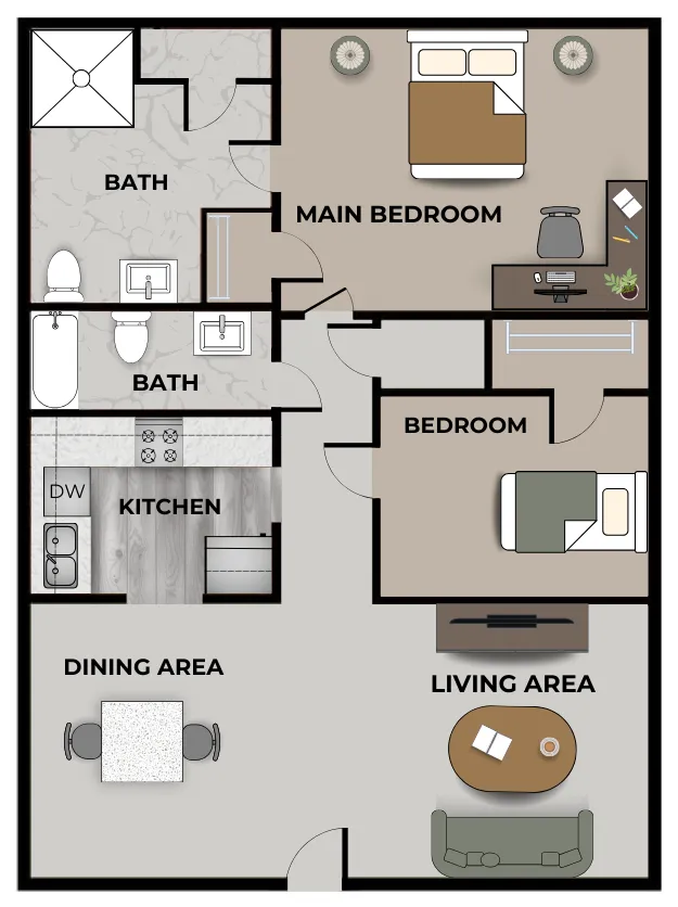 Two-bedroom, two-bathroom apartment floor plan showcasing a spacious layout. The main bedroom includes a double bed, two nightstands, and a desk with decor, while the second bedroom features a single bed and closet space. Both bathrooms are conveniently located, one attached to the main bedroom. The kitchen, equipped with a dishwasher and countertop, opens into a dining area with a small table and chairs. The living area features a sofa, coffee table, and TV stand, creating a cozy and functional living space.
