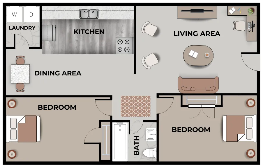 Two-bedroom, one-bathroom apartment floor plan with labeled areas for Laundry, Kitchen, Dining Area, Living Area, two Bedrooms, and a shared Bath. The layout includes modern furniture and appliances, showcasing a comfortable and functional design.