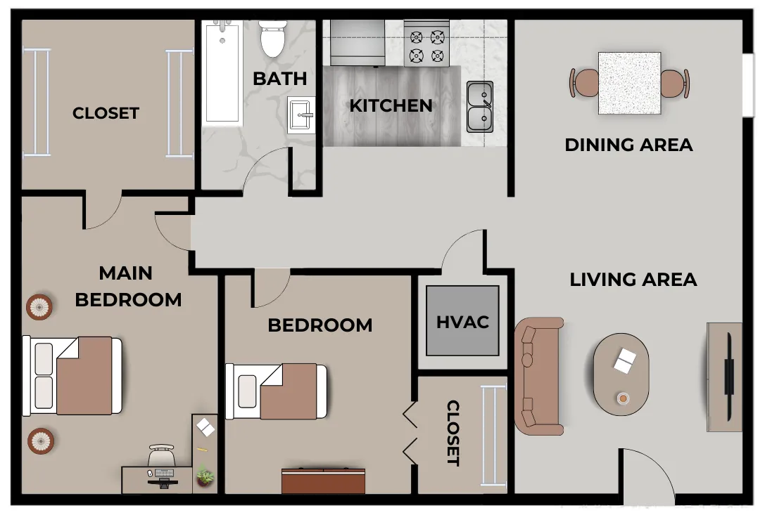 Oak Leaf two-bedroom, one-bathroom floor plan featuring a spacious main bedroom with a large closet, an additional bedroom with closet space, a central bathroom, a kitchen with modern appliances, a dining area, a cozy living area, and HVAC utility space.
