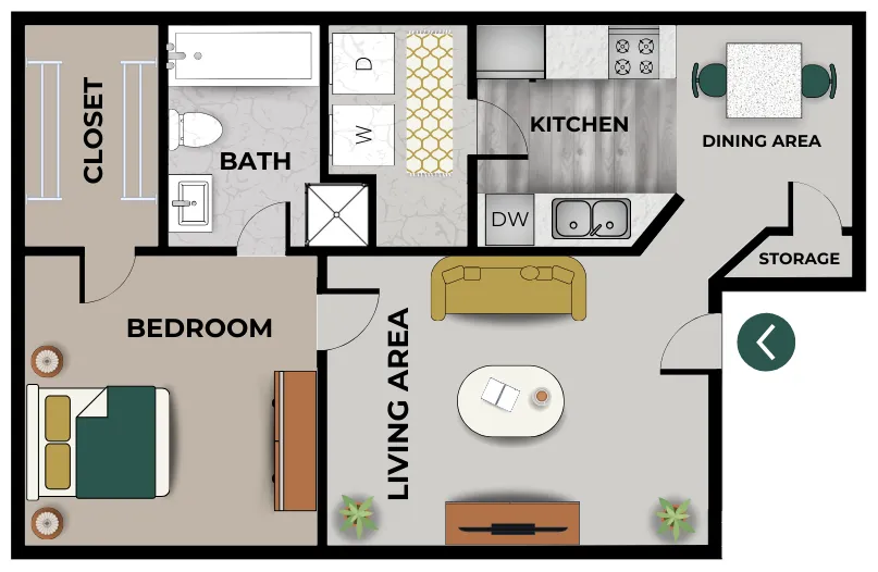 1 A digital layout of a one-bedroom, one-bathroom apartment. The bedroom features a large closet and direct access to the bathroom, which includes a bathtub and toilet. The living area is spacious, with a seating arrangement and a TV stand. The kitchen, located near the dining area, includes a dishwasher, a stove, and a sink. A washer and dryer are positioned in a separate space near the hallway. Additional storage is available near the entrance.