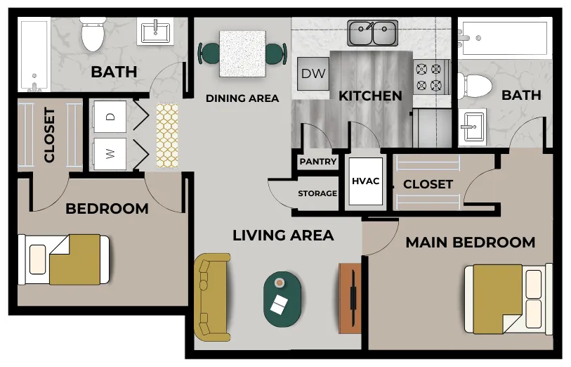 A two-bedroom, two-bathroom apartment floor plan with an open-concept living area and dining space. The main bedroom has a large closet and an attached bathroom. The second bedroom includes a closet and is located near the second bathroom, which is across from the washer and dryer area. The kitchen is fully equipped with a stove, sink, dishwasher, and pantry. A storage closet and HVAC unit are located in the hallway.