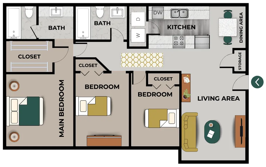 A detailed digital floor plan of a three-bedroom, two-bathroom apartment. The layout includes a spacious main bedroom with a large closet and an attached bathroom. Two additional bedrooms, each with their own closets, share a second bathroom located near the hallway. The kitchen features modern appliances, including a dishwasher and space for a washer and dryer. Adjacent to the kitchen is a dining area, which leads into a living area furnished with a sofa, coffee table, and entertainment center. A storage closet is situated near the entrance.