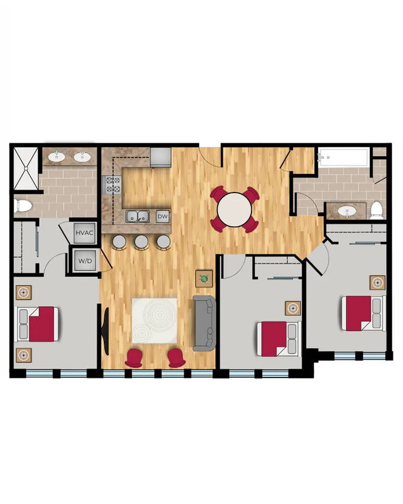 Colorful floor plan of a three-bedroom, three-bath apartment featuring an open-concept layout with wood-style flooring, a central kitchen with bar seating, a dining area, and a living room. Each bedroom has a private bathroom and closet.