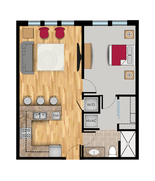 Colorful floor plan of a one-bedroom, one-bath apartment featuring an open living area with wood-style flooring, a modern kitchen with bar seating, a spacious bedroom with closet space, and an adjacent bathroom with a walk-in shower.