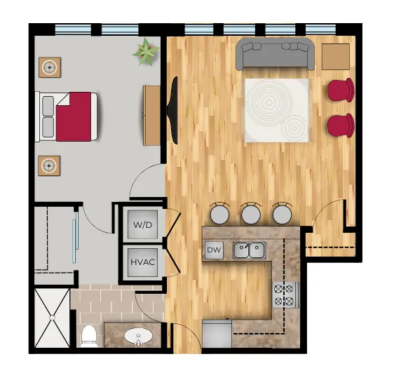 Colorful floor plan of a one-bedroom, one-bath apartment featuring an open living area with wood-style flooring, a modern kitchen with bar seating, a spacious bedroom, a full bathroom, and storage closets near the entry and hallway.