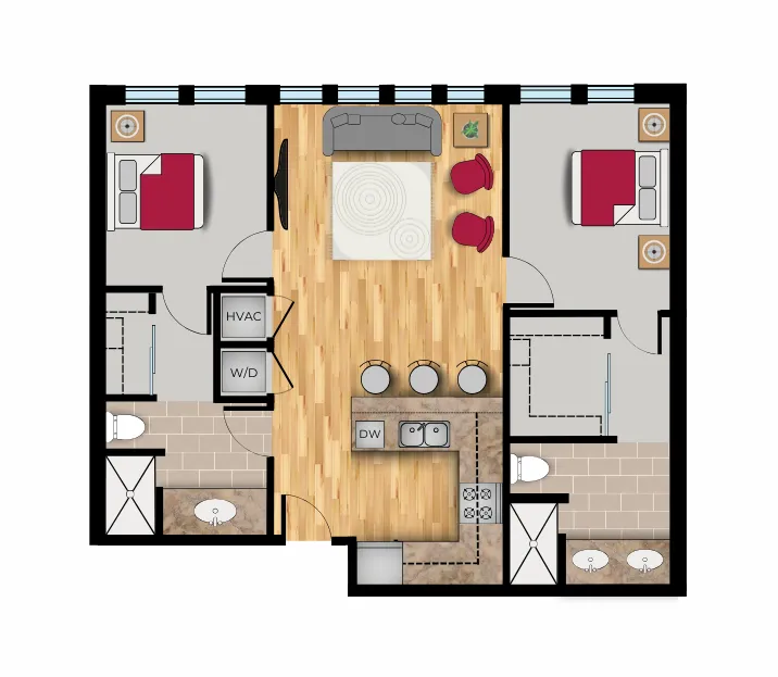 Colorful floor plan of a two-bedroom, two-bath apartment featuring a central living area with wood-style flooring, an open kitchen with bar seating, and two private bedrooms with attached bathrooms and closets on opposite sides of the unit.