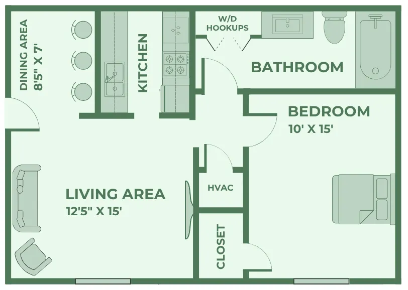 One-bedroom, one-bath apartment floor plan at Huntley Ridge East Apartments in Springfield, MO. Features a 12\'5
