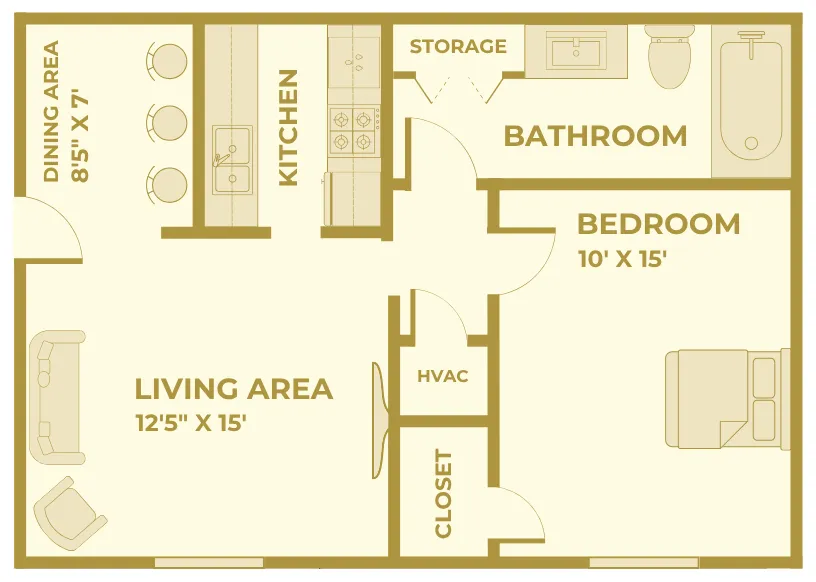 Renovated one-bedroom, one-bath apartment floor plan at Huntley Ridge East Apartments in Springfield, MO. Layout includes a 12\'5