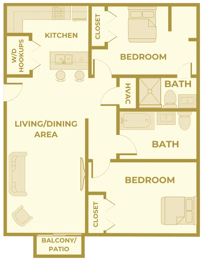 Floor plan of a renovated 2-bedroom, 2-bathroom apartment at Huntley Ridge Apartments in Springfield, MO. Layout includes a spacious living and dining area, full kitchen with breakfast bar, washer and dryer hookups, and a private balcony or patio. Each bedroom has a closet and direct access to a full bathroom. The unit also features a centrally located HVAC closet and a modern open-concept design.