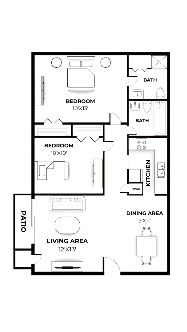 A black-and-white floor plan for a two-bedroom, two-bath apartment at Bradford Park Apartments. The layout shows a 12x13 living area connected to a private patio, a 9x11 dining area, and a galley-style kitchen with adjacent HVAC closet. The primary bedroom measures 10x13 and includes a connected bathroom. The second bedroom is 10x10 and sits near the second full bathroom. The plan includes standard furniture placeholders for scale and clearly labeled room dimensions.
