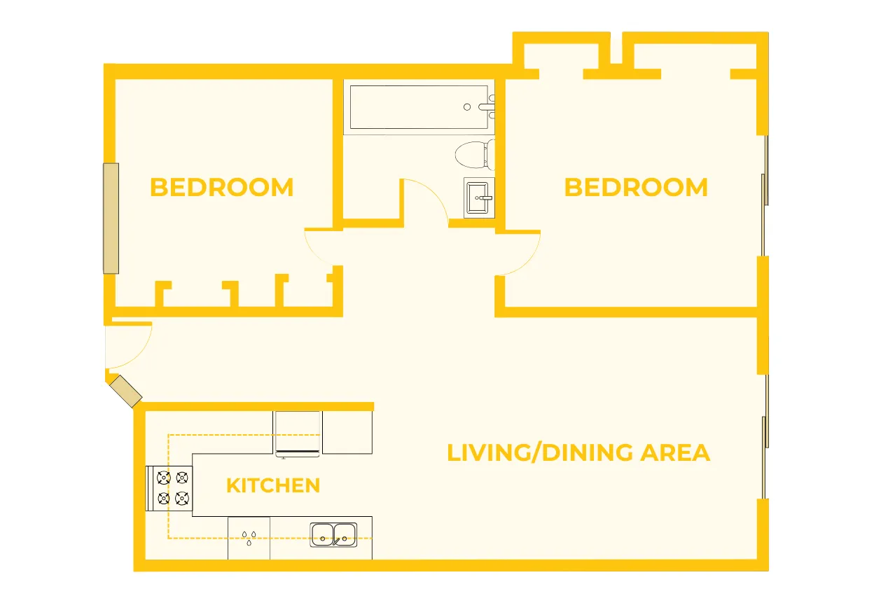 Two-bedroom, one-bath apartment floor plan featuring a large open living and dining area, a kitchen with stove, sink, and refrigerator, and two separate bedrooms positioned on opposite sides of the layout. The bathroom is centrally located between the bedrooms and includes a bathtub, toilet, and sink. The living and dining area and one bedroom each feature sliding glass doors that open to a private patio, with additional exterior windows providing natural light.