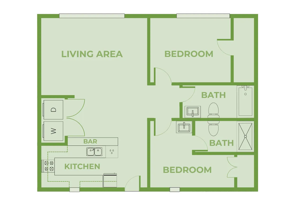 Two-bedroom, two-bath apartment floor plan featuring a spacious living area, a kitchen with stove, sink, refrigerator, and breakfast bar, and two bedrooms located on the right side of the layout. One bedroom includes direct access to a private bathroom, while the second bathroom is accessible from the hallway. Bathrooms include a bathtub or walk-in shower, along with toilets and sinks. The living area is positioned on the left side of the layout, with the kitchen adjacent to the living space and multiple exterior windows providing natural light throughout the apartment.