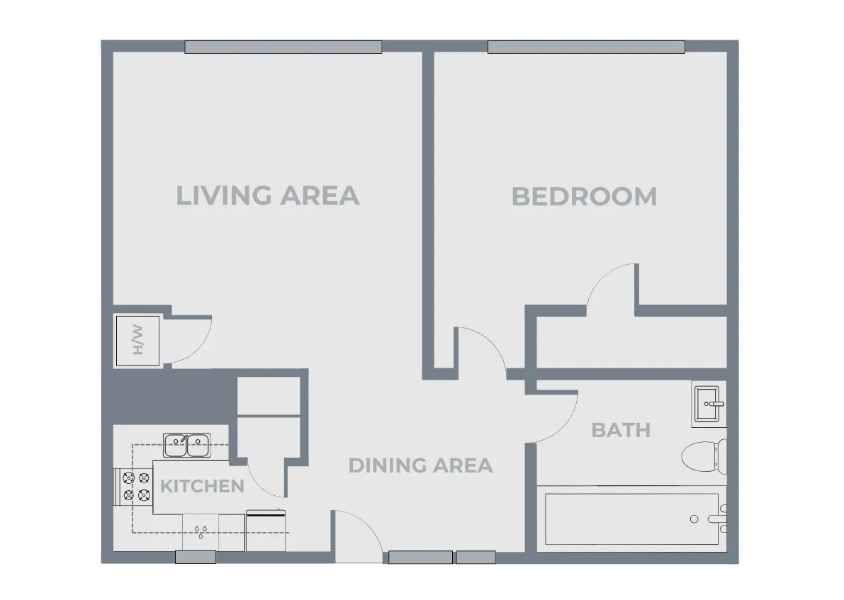 One-bedroom, one-bath apartment floor plan featuring a separate living area, dining area, and kitchen with sink, stove, and refrigerator. The bedroom is located on the right side of the layout with a nearby bathroom that includes a bathtub, toilet, and sink. Entry opens into the dining area, with the living area positioned to the left and the kitchen adjacent to the dining space.