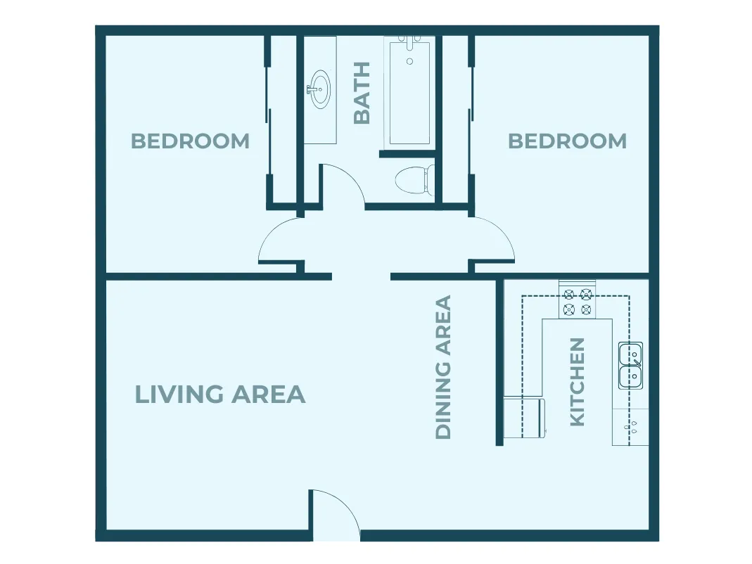 Inviting floor plan showcasing 2 cozy bedrooms, a spacious living area, modern kitchen, and convenient dining space, perfect for comfortable living.